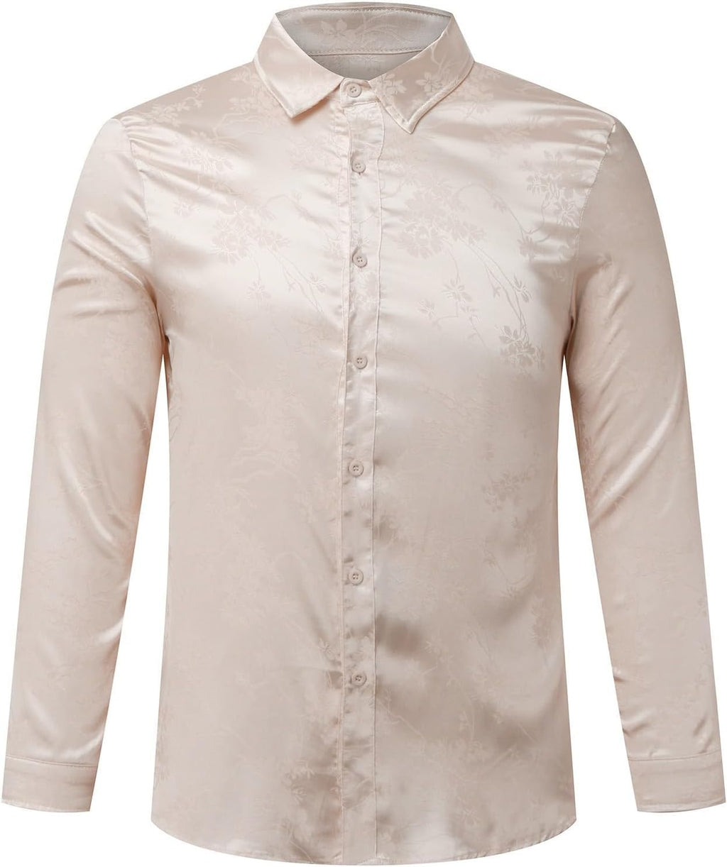 Herr lyx satinklänning skjortor glänsande siden som långärmad button down skjortor casual normal passform bröllop fest avslutningsbal toppar paljetter skjorta män