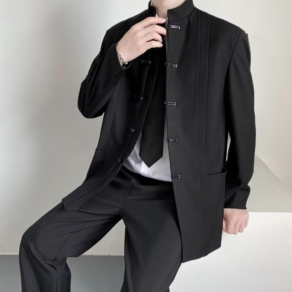 Casual Mandarin Collar Blazer FöR MäN LäTt Fodrad Business Coats Slim Fit Svart Kostymjacka