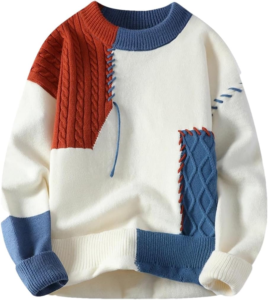 Fnfmrfmr Stickad herrtröja med lappverk rund hals varm hip-hop street pullover tröjor toppar