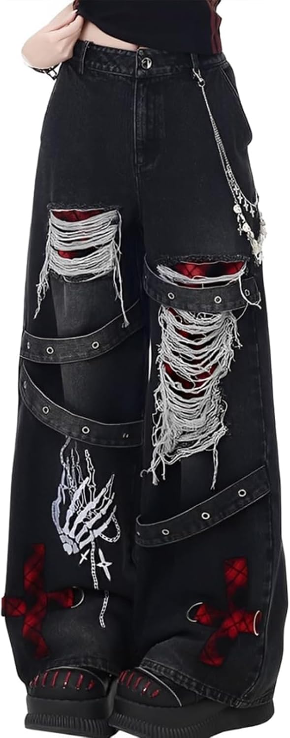 Y2K Ripped Grunge Baggy Jeans Byxor Emo Dam Goth Raka Ben Byxor Hög Midja Alt Y2K Kläder