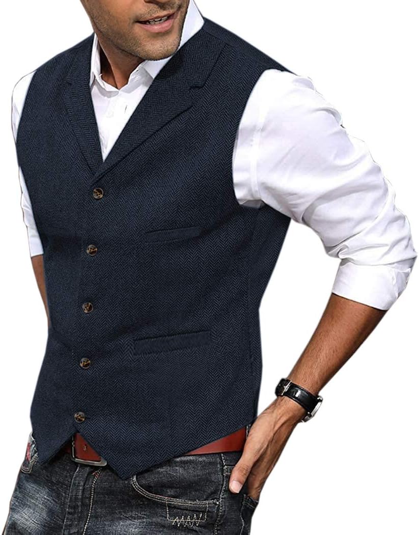 Herrväst ledig mjuk ull tweed kostym väst fiskben mönster väst för brudgummen bästa man
