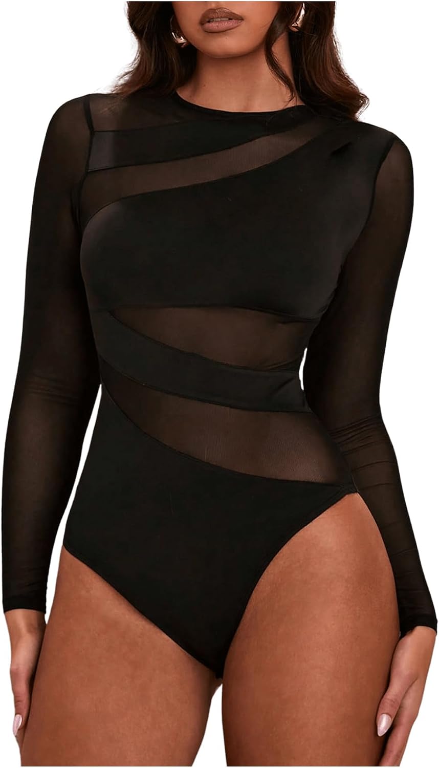 GORGLITTER Dambodysuit, elegant bodysuit, med genomskinligt nät, överdel, långärmad, bodys, nätskjorta, höst, festival, outfit