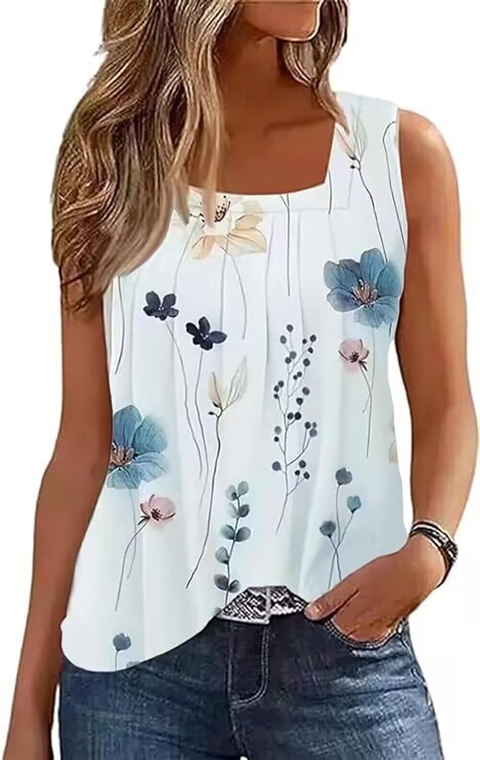 AIMITAG Färgblock veckad fyrkantig krage linne kvinnor randig tank t-shirt sommar ledig lös passform ärmlös skjorta