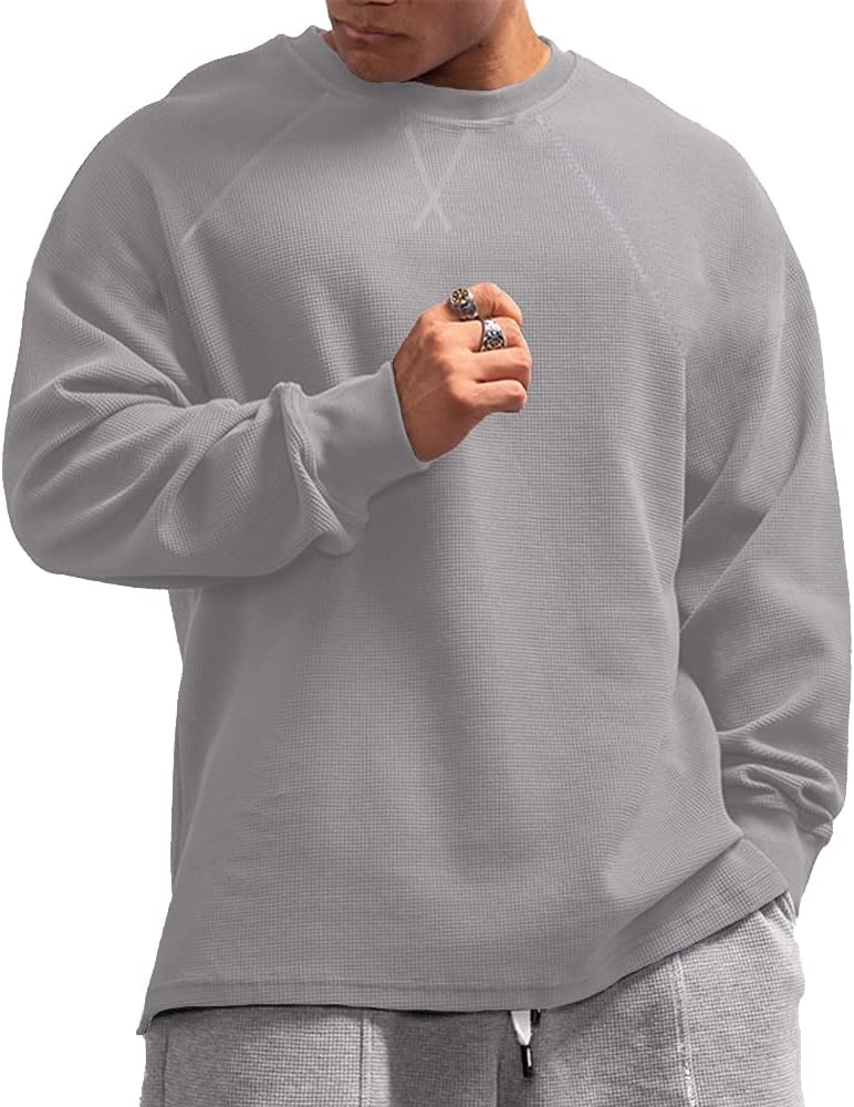 Muscle Alive Basic långärmad våffeltröja för män lös passform träning pullover rund hals skjorta