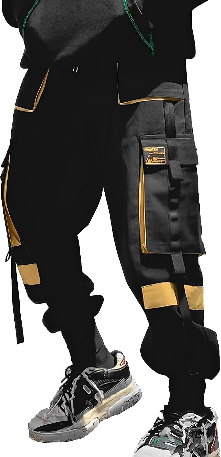 Herrjoggingbyxor punk cargo baggy techwear streetwear hiphop par kvinnor unisex sport vardagsbyxor, Svartgul, XL