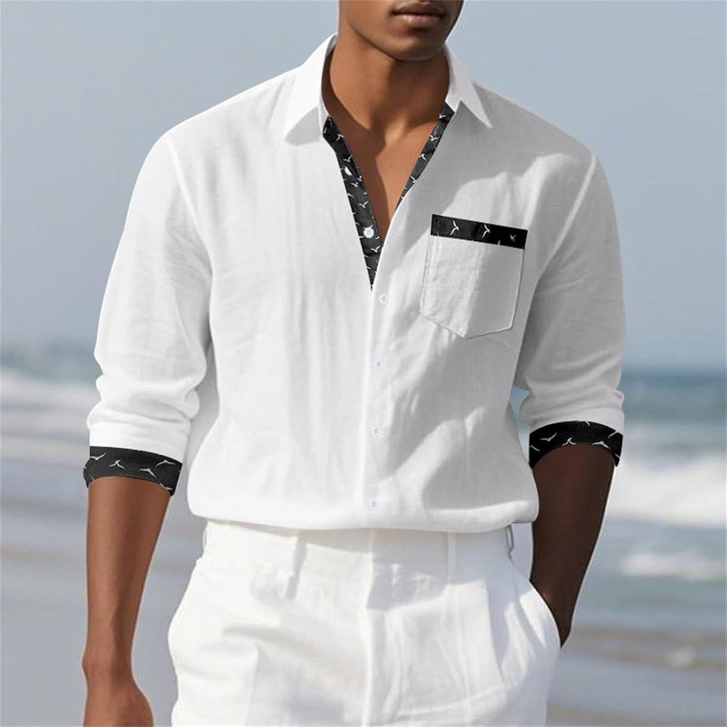 Herrskjorta linne hawaiiansk skjorta herr andningsbar skjorta långärmad chic skjorta överdimensionerad sommartopp med krage ledig minimalistisk baggy topp