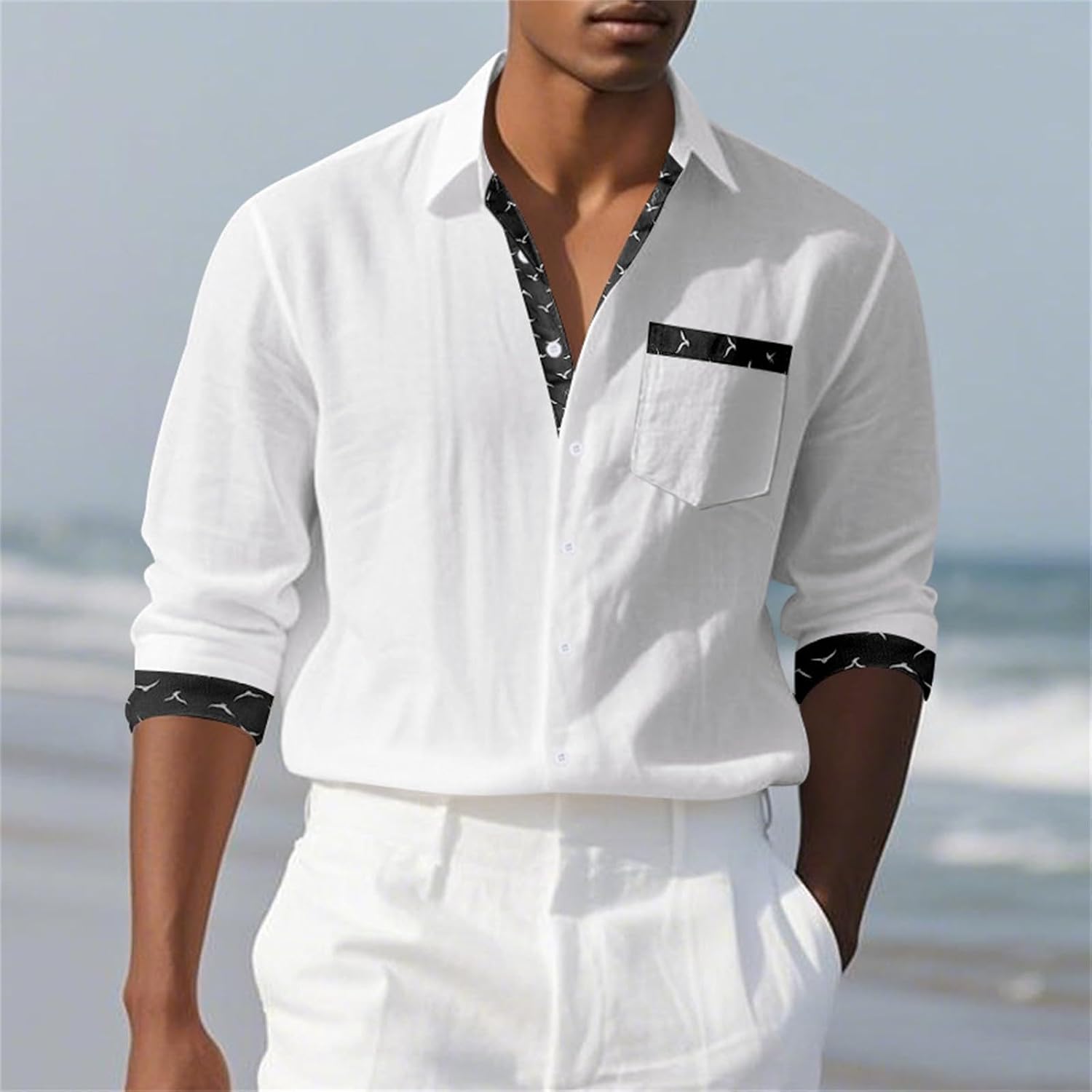 Herrskjorta linne hawaiiansk skjorta herr andningsbar skjorta långärmad chic skjorta överdimensionerad sommartopp med krage ledig minimalistisk baggy topp