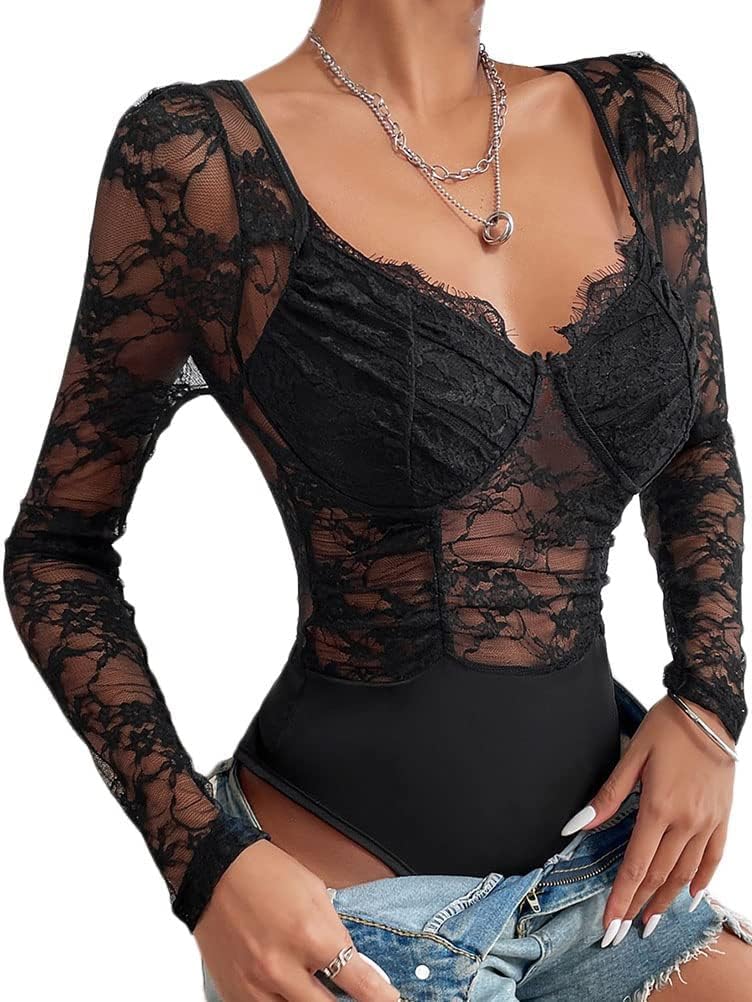 Generisk dambody med spetsar, långärmad eleganta bodys, sexig jumpsuit, toppar, bodysuit, stringtrosa, långärmad body, basic undertröja, V-ringad, party, topp, bustier, ledig, chic, body, spets, damer