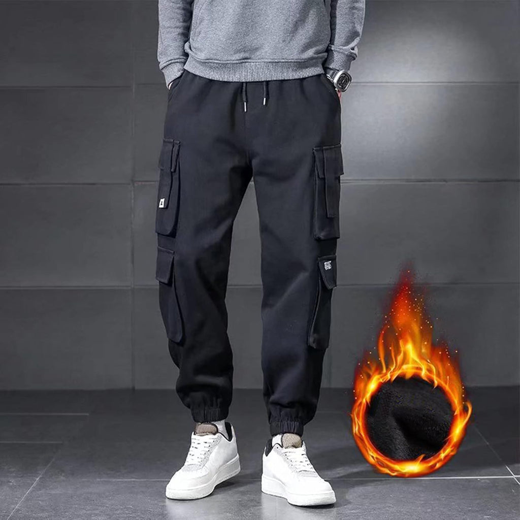 Cargobyxor herr bomull varma, herr fritidsbyxor med elastiskt band M-3XL, utomhusbyxor med fleecefoder lös passform, herrbyxor, smala ben, joggingbyxor, träningsbyxor med många fickor, termiska
