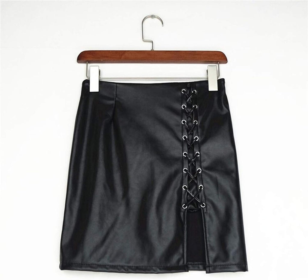 High Waisted Skirts for Women Fashion Sexy Solid Bandage Short Faux Leather Mini Skirts Ladies Cute Tennis Silk Dress