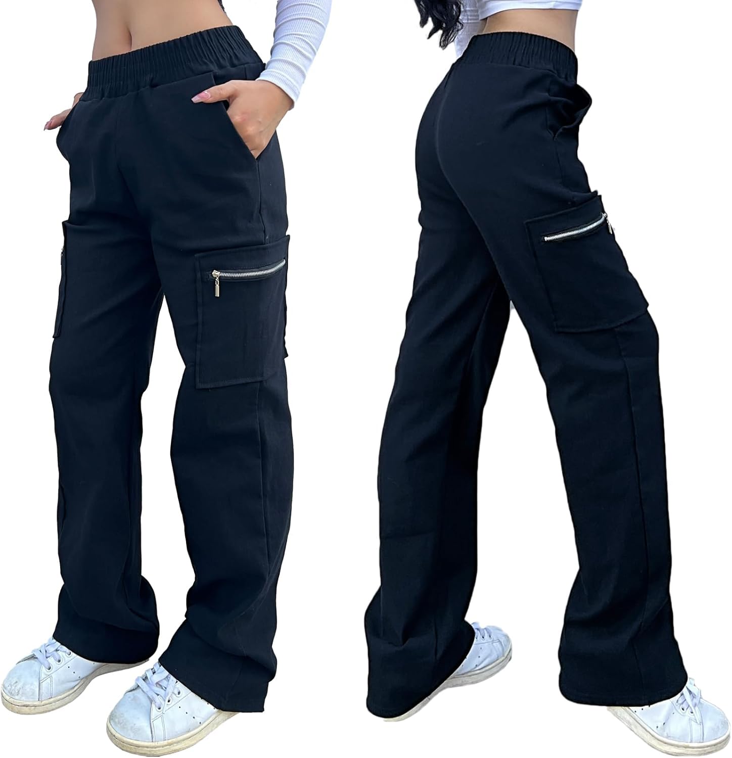 Nuofengkudu Dam breda ben stridsbyxor med blixtlåsfickor stretch hög midja arbete långa byxor lös passform loungekläder Y2K tonårstjejer streetwear ledig