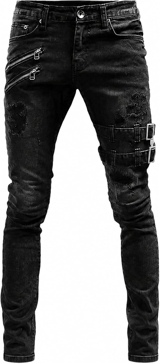 mäns motorcykel jeans dragkedja detalj stretch denimbyxor punk streetwear slim fit vardagsbyxor