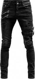 mäns motorcykel jeans dragkedja detalj stretch denimbyxor punk streetwear slim fit vardagsbyxor
