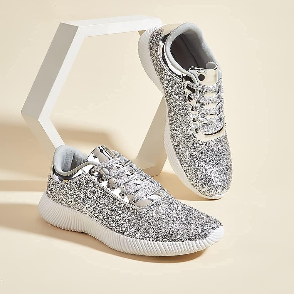 LUCKY STEP Briljanta sneakers för kvinnor med strass och metallpaljetter, lätta tennisskor