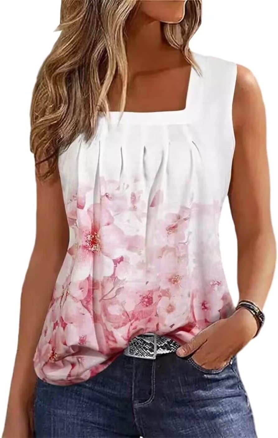 AIMITAG Färgblock veckad fyrkantig krage linne kvinnor randig tank t-shirt sommar ledig lös passform ärmlös skjorta