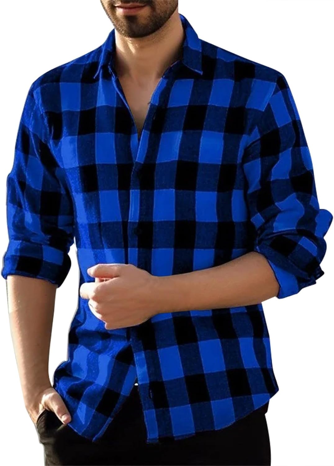 Långärmad vardaglig rutig flanellskjorta, rutig tartan button-down-skjortor för män nedfällbar krage mode avslappnad skjorta med knappar urban stilren herr toppar avslappnad smart långärmad