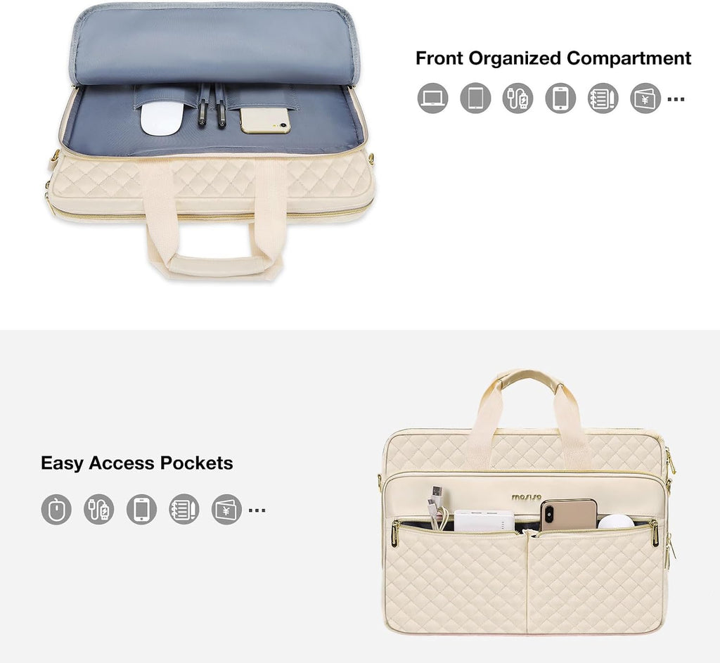 MOSISO Laptopväska, laptopväska, axelväska, dam, portfölj, handväska, kvadratisk quiltad laptopväska, axelväska, kontor, resor, affärer med 3 fickor och remmar