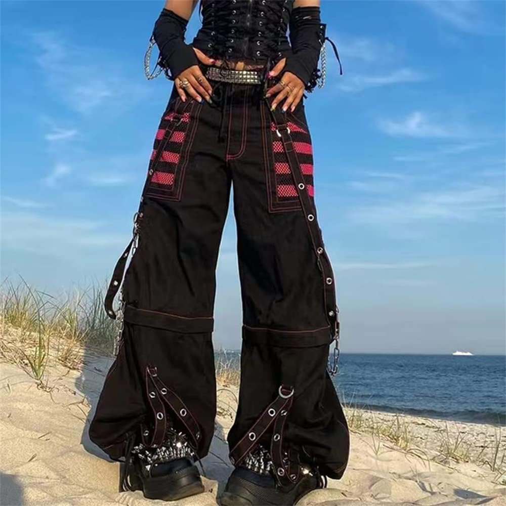 Kvinnor Y2k-jeans, gothstil, byxor i punkig emostil, säckiga, utsvängda jeans, breda ben, Harajuku grunge-byxor, hiphop-kläder