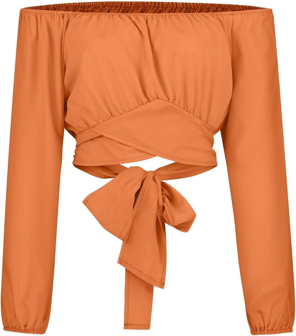 Off Shoulder Dam Crop Top Elegant Lanternärm Långärmad Rynkad Knytskärp Blus Sexy Shirt Semester Party Clubwear