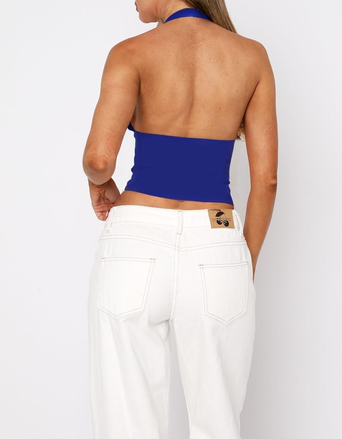 Dam sexig hållare djup V-hals backless crop tank top öppen rygg ärmlös smal passform Y2k sommartoppar