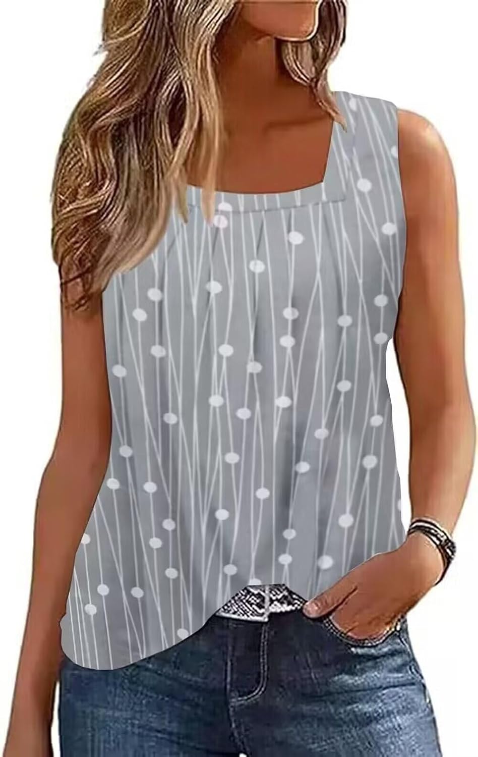 AIMITAG Färgblock veckad fyrkantig krage linne kvinnor randig tank t-shirt sommar ledig lös passform ärmlös skjorta