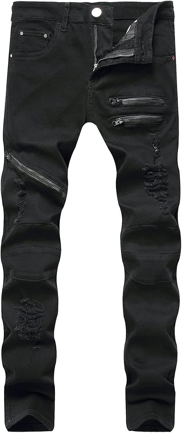 Mäns rippade jeans slim fit jeans för skinny rippad motorcykel mode tryckt bekväm stretch denim jeans byxor