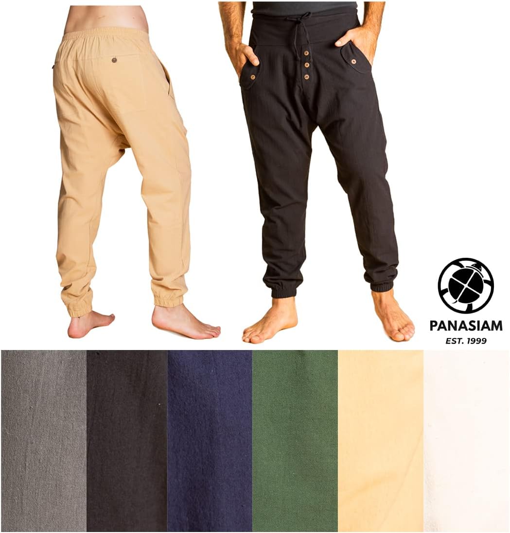 PANASIAM Yogi Pants Classic för dam och herr I bekväma fritidsbyxor i Aladin-Harem-stil – 100% bomull I optimal passform tack vare dragsko fram och elastisk linning bak I sommarbyxor