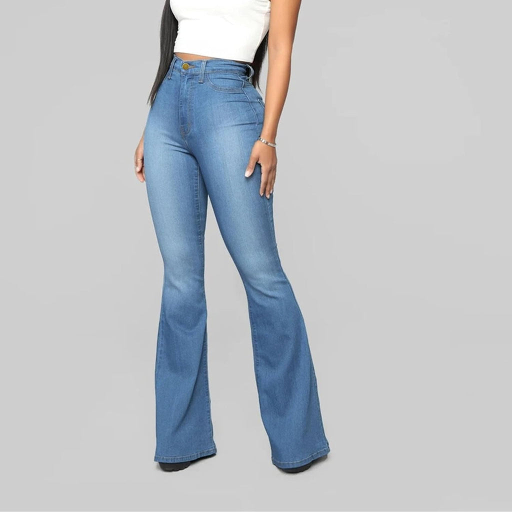 Kurviga jeans för kvinnor Damjeans med hög midja, utsvängda jeans, bootcut med stretch, vida ben och casual byxor