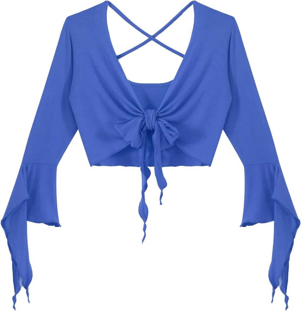 inlzdz Dam magdans topp 3/4 ärmar magfri blus topp cardigan med tofsar långärmad bolero Shrug topp rygglös crop top axeljacka festlig magdans kostym