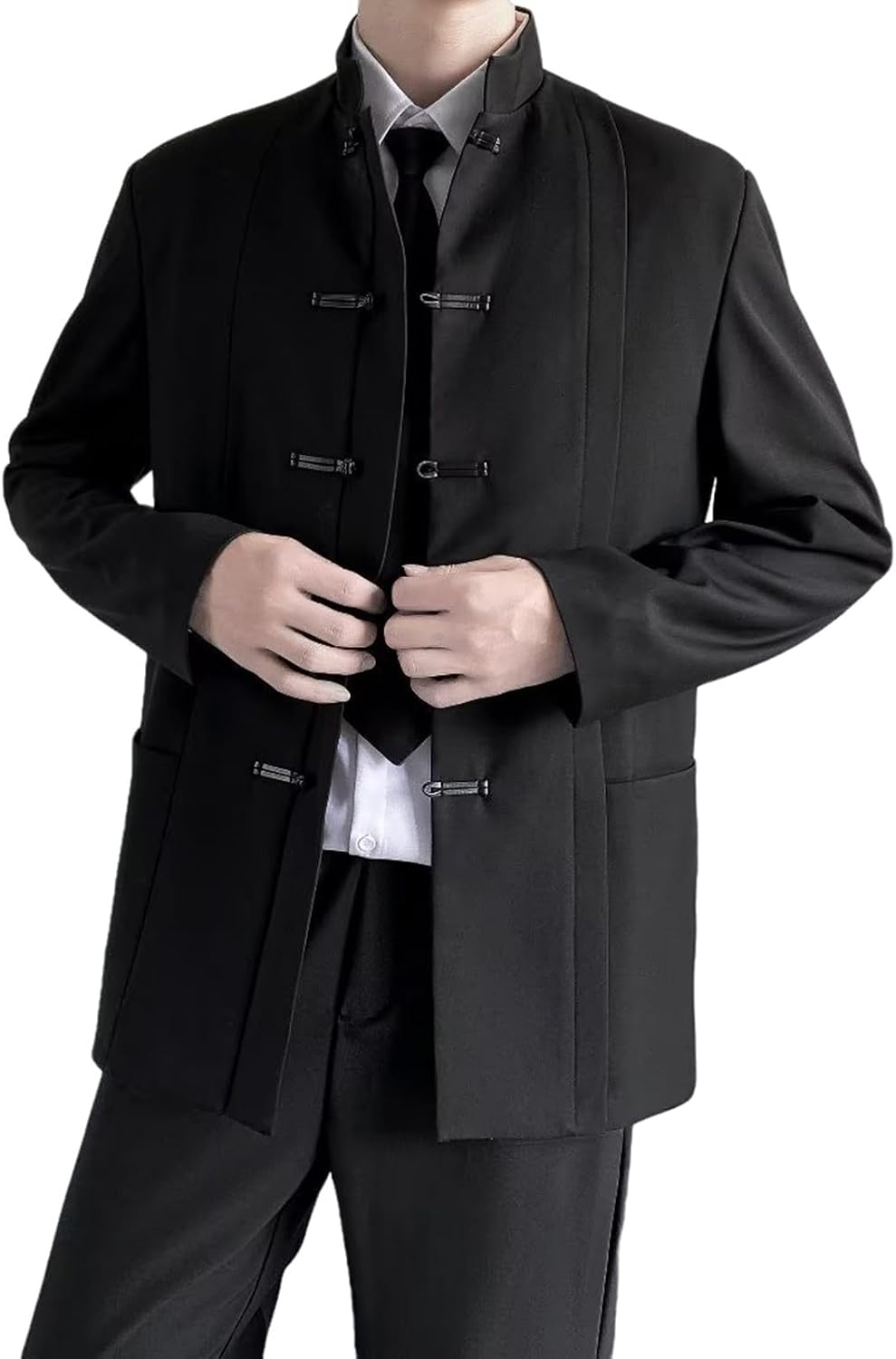 Casual Mandarin Collar Blazer FöR MäN LäTt Fodrad Business Coats Slim Fit Svart Kostymjacka