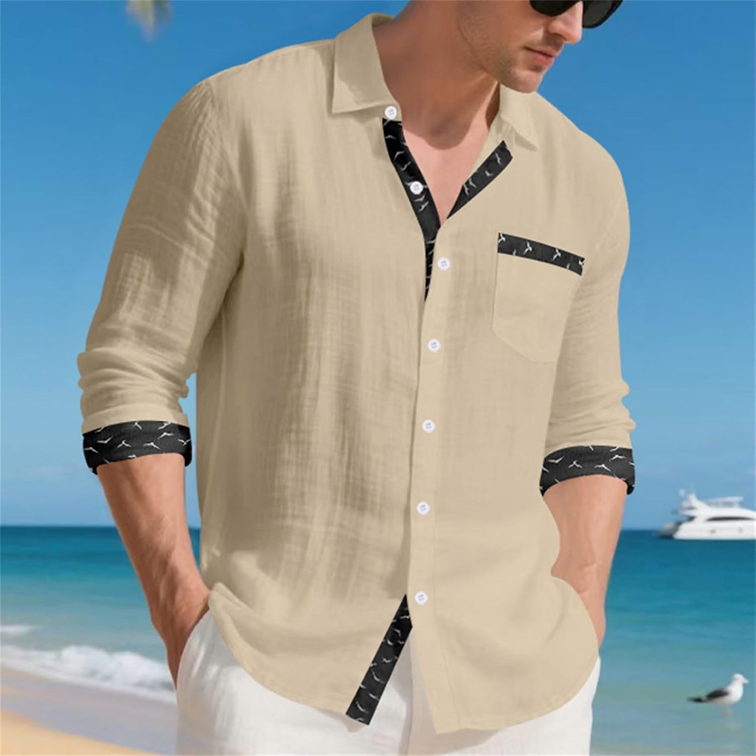 Herrskjorta linne hawaiiansk skjorta herr andningsbar skjorta långärmad chic skjorta överdimensionerad sommartopp med krage ledig minimalistisk baggy topp