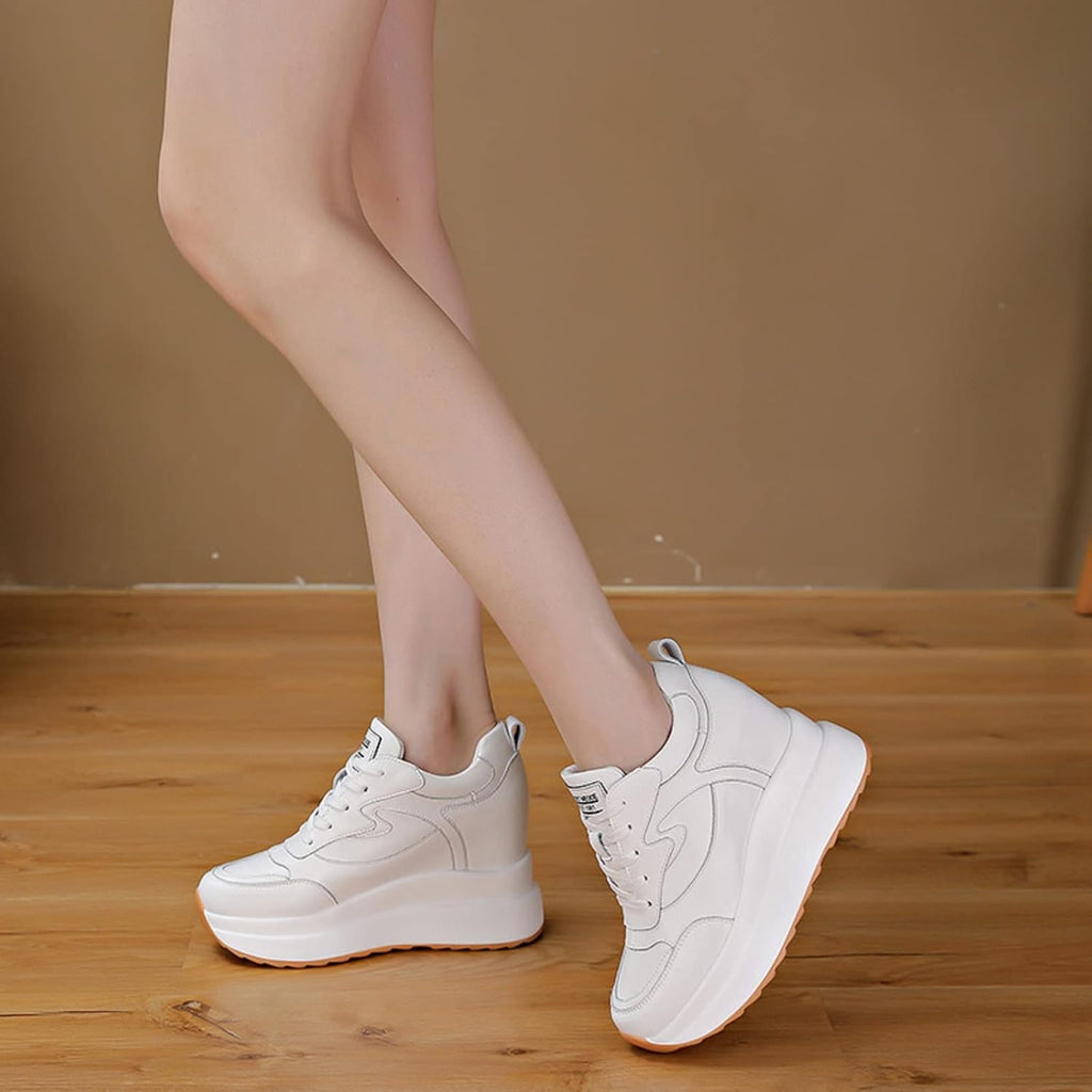 AONEGOLD Plattformssneakers med hög dold häl, kilsneakers, läderöverdel, mode snörningar, ökar 10 cm