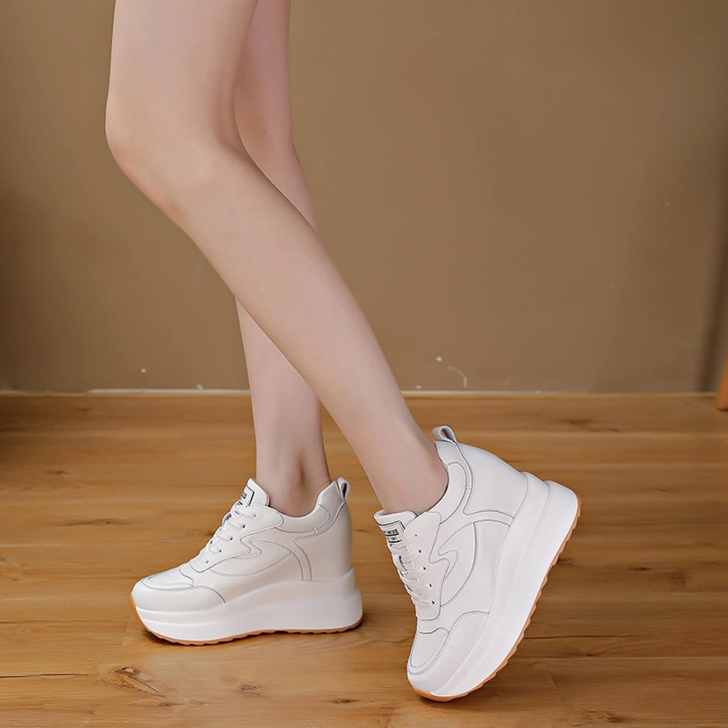 AONEGOLD Plattformssneakers med hög dold häl, kilsneakers, läderöverdel, mode snörningar, ökar 10 cm