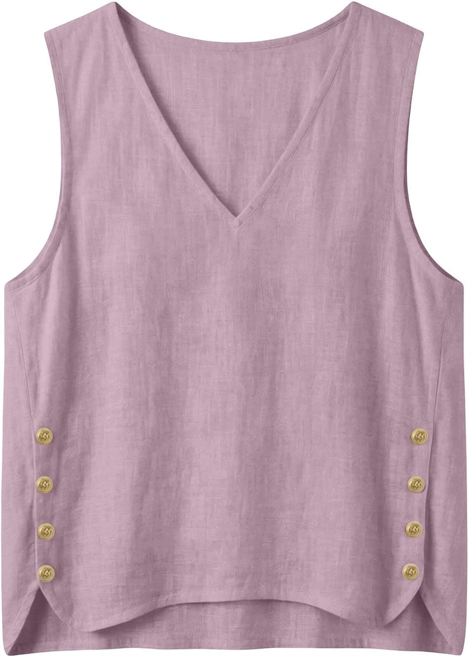 Dam V-ringad ärmlös ledig tank top basic avslappnad passform tunika med sidoknappar för sommarsemester resor