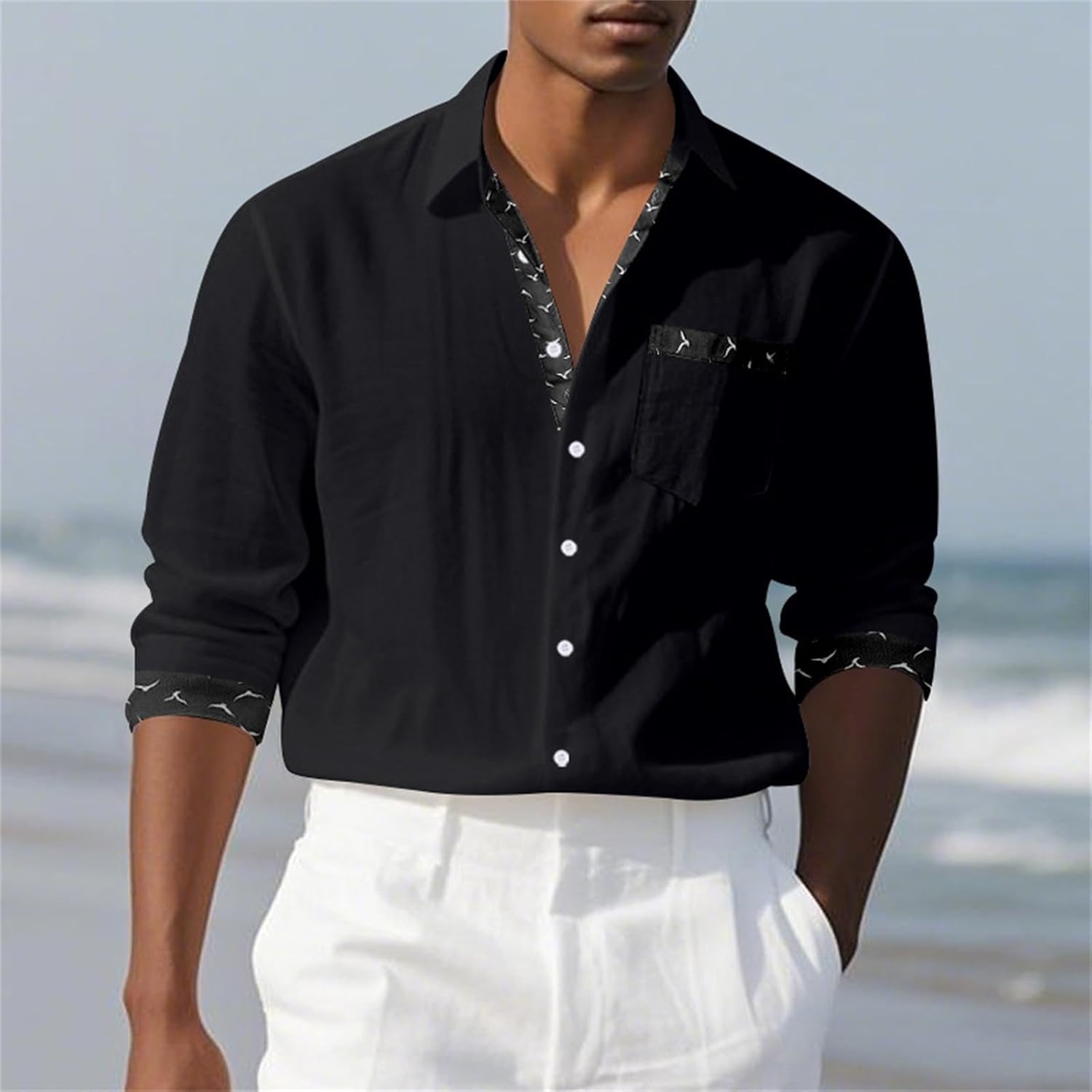 Herrskjorta linne hawaiiansk skjorta herr andningsbar skjorta långärmad chic skjorta överdimensionerad sommartopp med krage ledig minimalistisk baggy topp