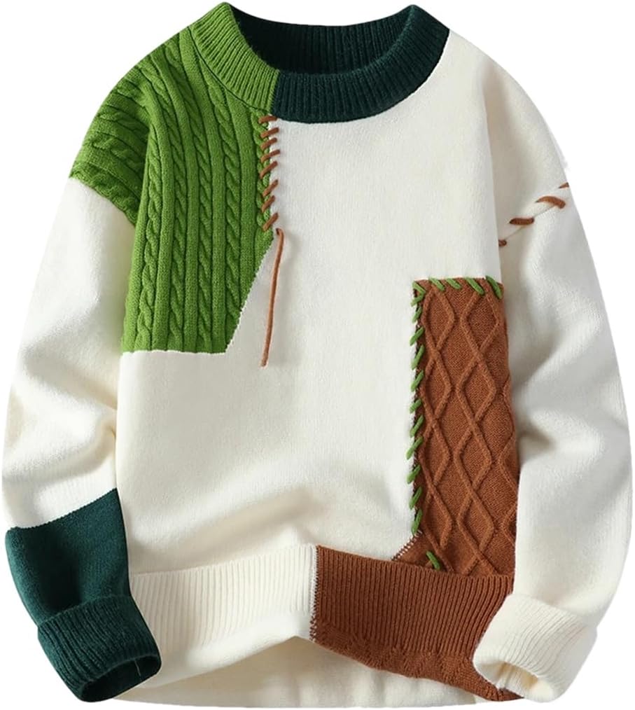 Fnfmrfmr Stickad herrtröja med lappverk rund hals varm hip-hop street pullover tröjor toppar
