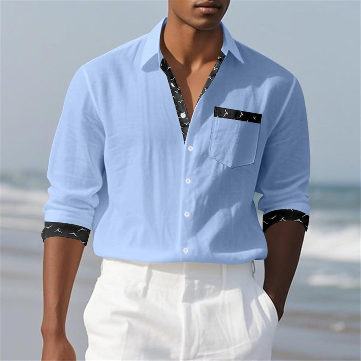 Herrskjorta linne hawaiiansk skjorta herr andningsbar skjorta långärmad chic skjorta överdimensionerad sommartopp med krage ledig minimalistisk baggy topp