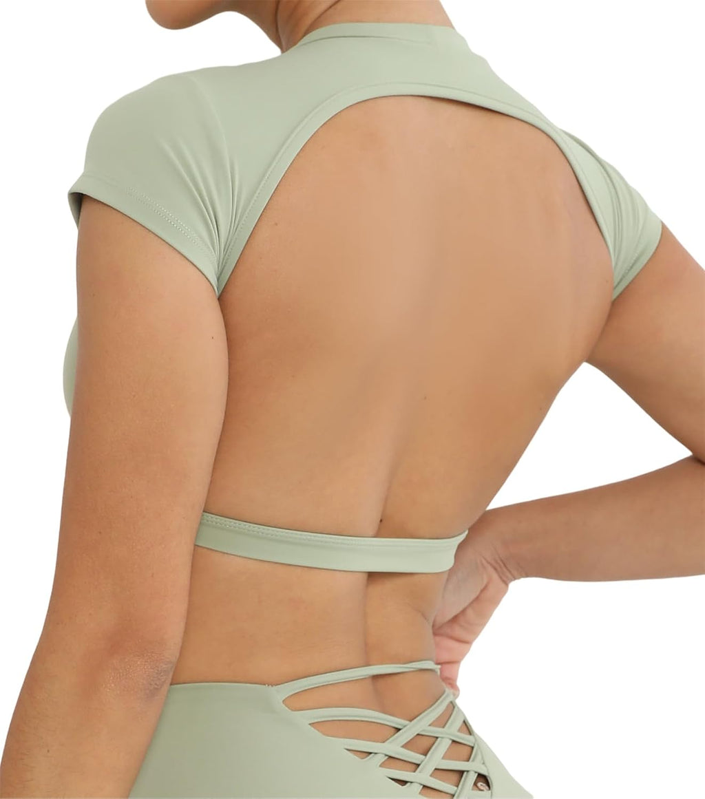 SEAUR Gym topp damer rygglös vadderad crop topp tajt sport löpartröja yoga fitness kortärmad t-shirt magfri sportskjorta rund hals mjuk S-L