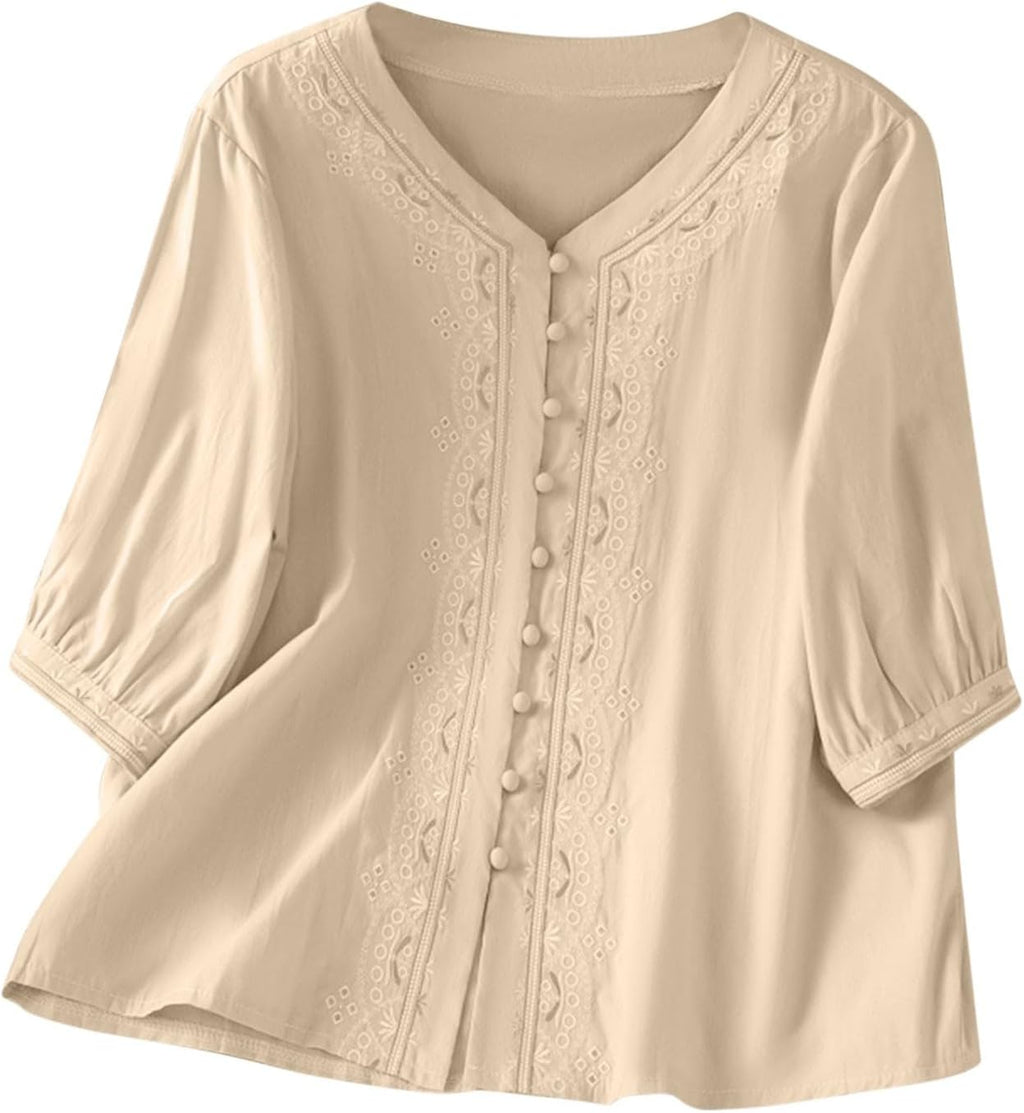 Kvinnors boho toppar bomull linne halvärm v-ringad retro broderade skjortor groda knapp kinesisk stil skjorta damer lös ledig sommar topp