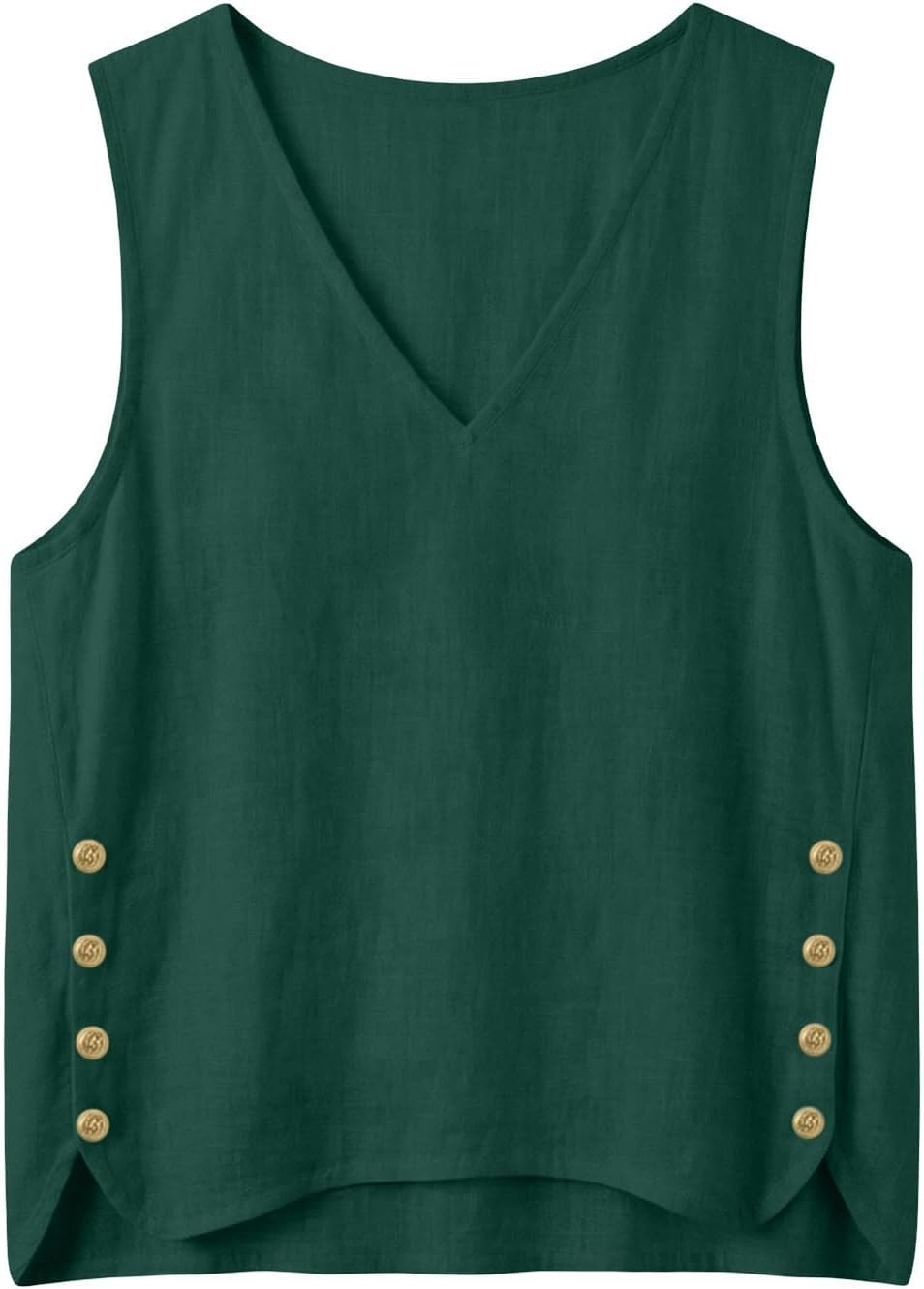 Dam V-ringad ärmlös ledig tank top basic avslappnad passform tunika med sidoknappar för sommarsemester resor