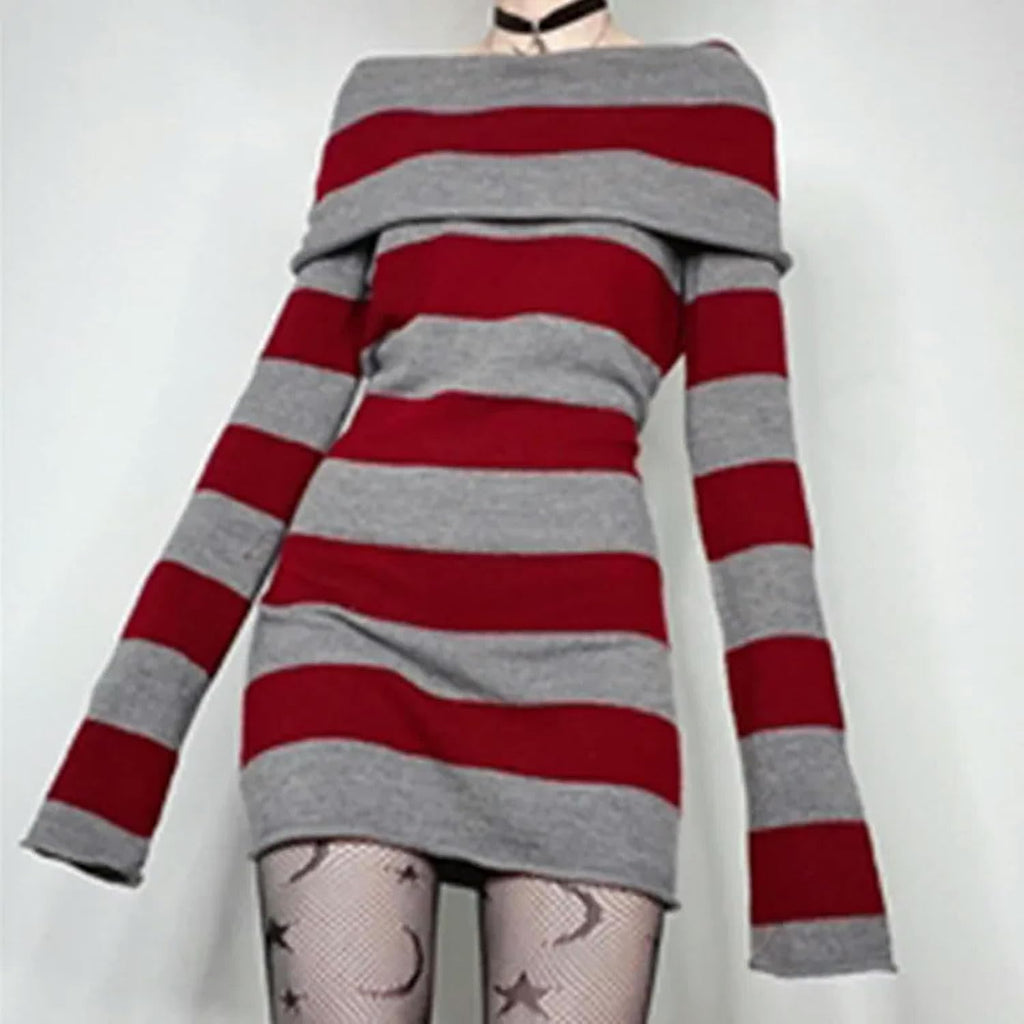 Y2K Randig Tröja Mini Klänning Mall Goth Grunge Emo Bodycon Chic Dam Off-shoulder Full Sleeve Slim Fit Klänningar 00s Vintage