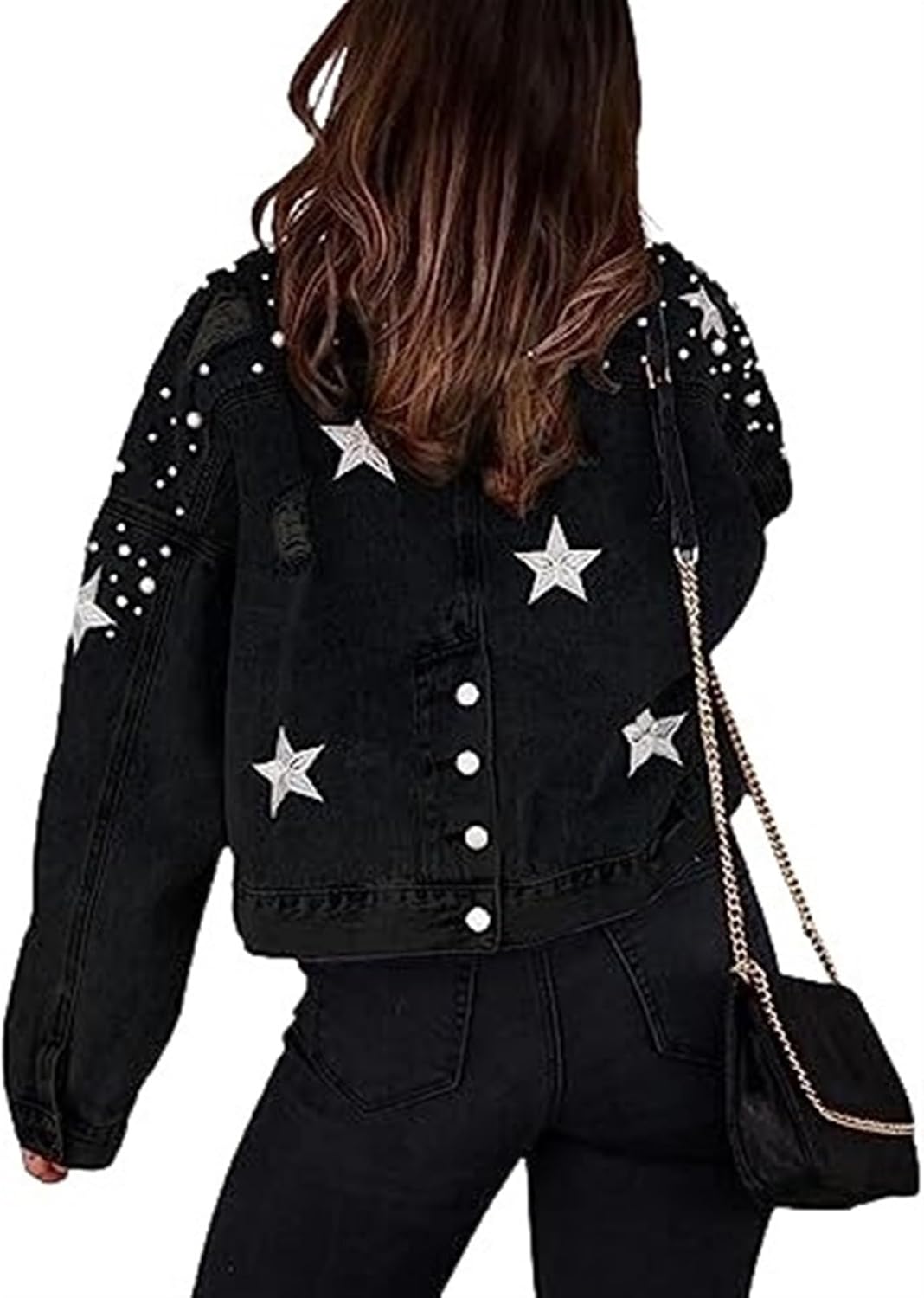 Womens Cropped Pearls Beading Jean Jacket Ripped Star Broderad jeansjacka Coat
