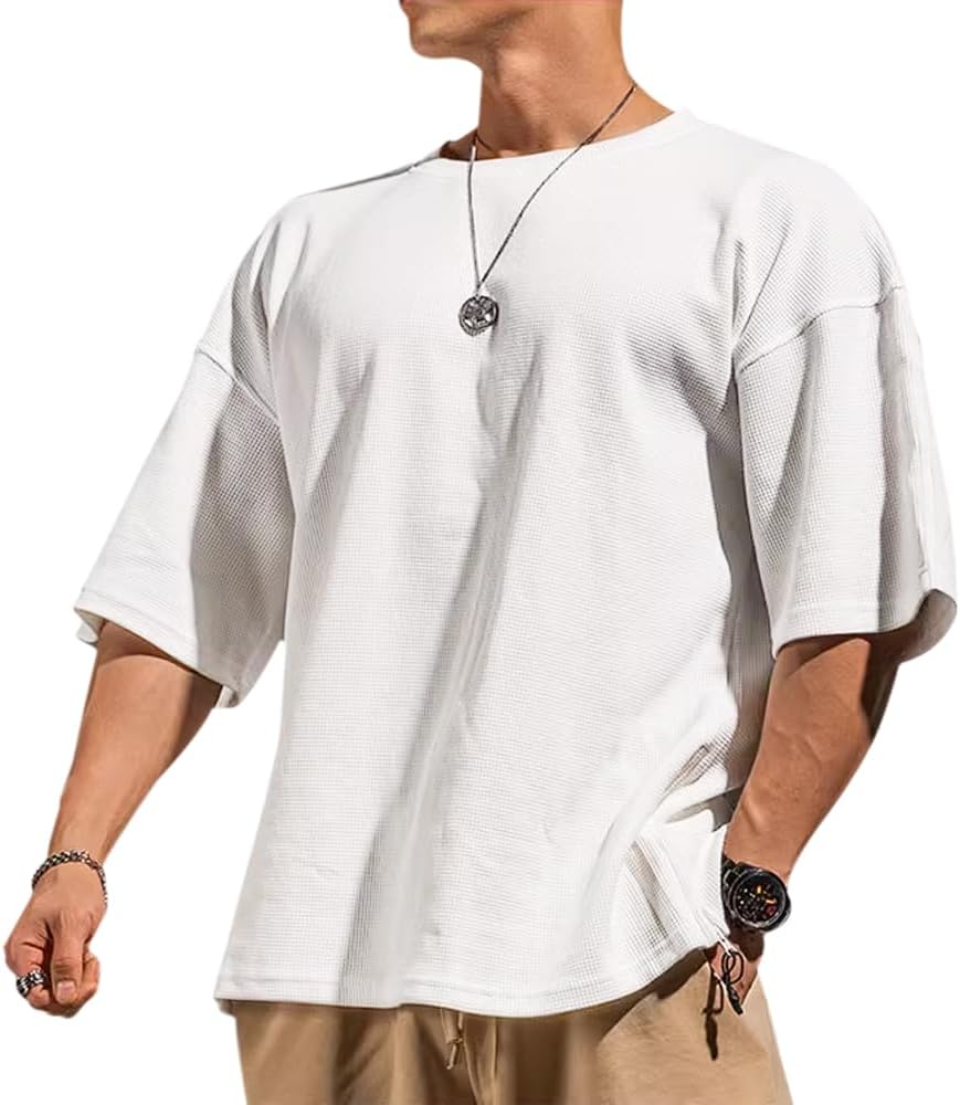 Muscle Alive Basic långärmad våffeltröja för män lös passform träning pullover rund hals skjorta
