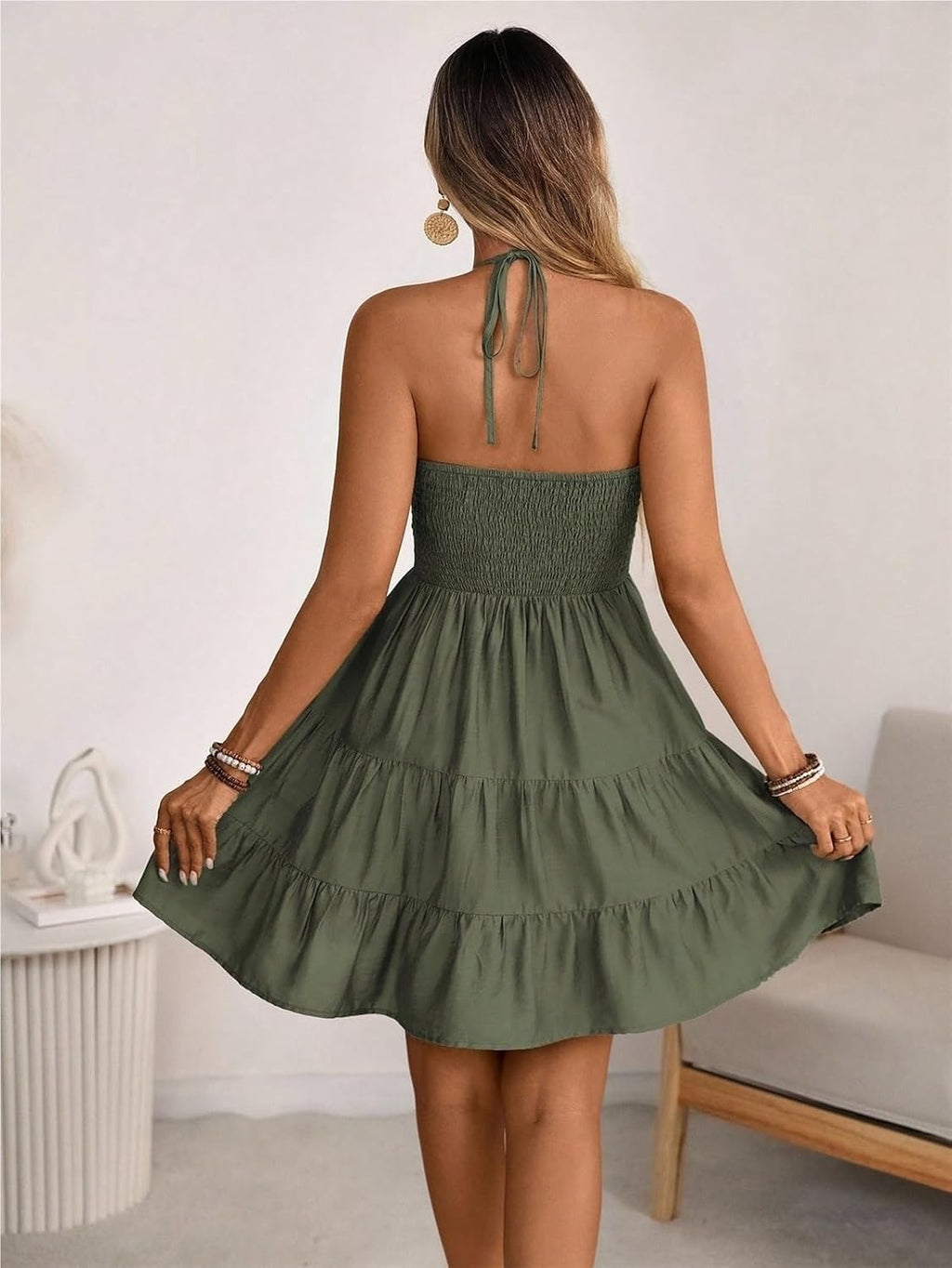 Kvinnors sommar miniklänning Grimma Rygglös Ärmlös A Line Ruffle Hem Flowy Cami Klänningar Sundress