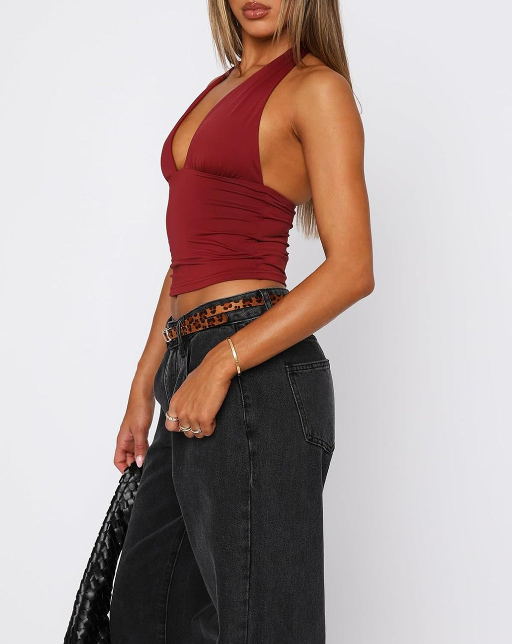 Dam sexig hållare djup V-hals backless crop tank top öppen rygg ärmlös smal passform Y2k sommartoppar