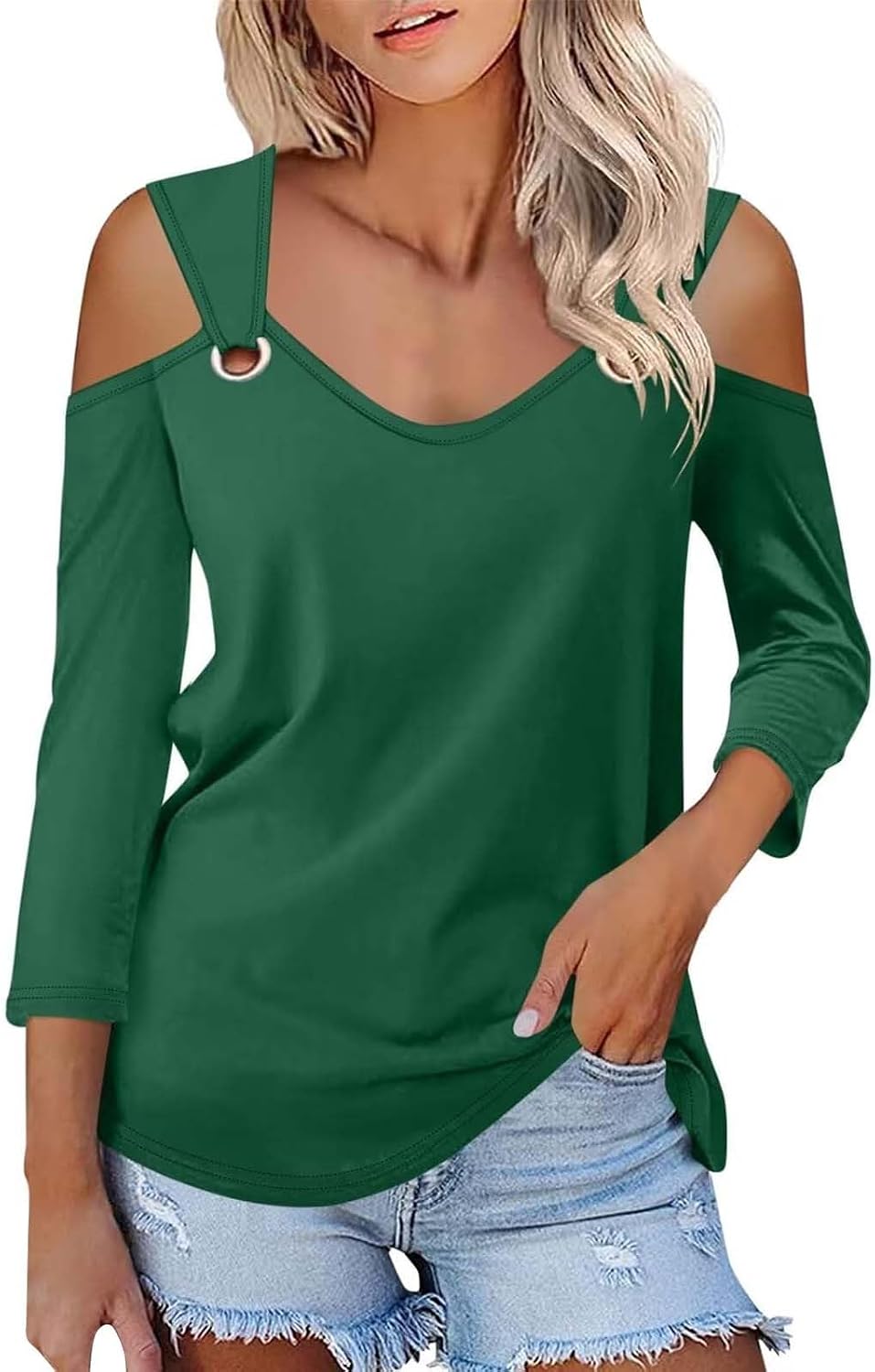 Enfärgad T-shirt för kvinnor, V-ringad och 3/4-ärmar i smal passform, sommarskjortor, topp, axellös, blustopp, toppar, eleganta fritidsskjortor, tryckt strandskjorta, t-shirt, stor storlek