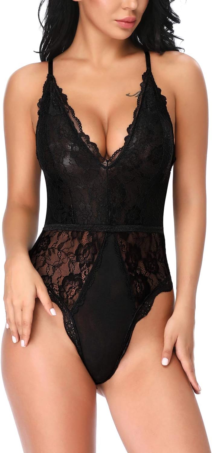 EVELIFE Dam Sexiga Teddy Underkläder One Piece Spets Babydoll Bodysuit med Djup V-ringad
