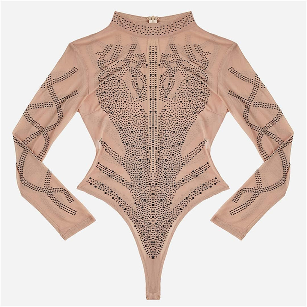 Dam Sexig Bodysuits Svart Guld Bustier Mesh Polotröja Långärmad Bodysuit Kaki Svart S