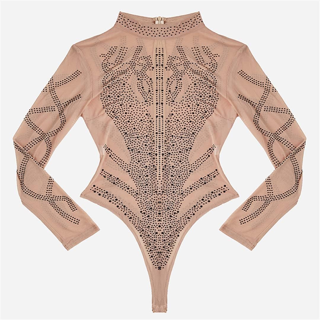 Dam Sexig Bodysuits Svart Guld Bustier Mesh Polotröja Långärmad Bodysuit Kaki Svart S