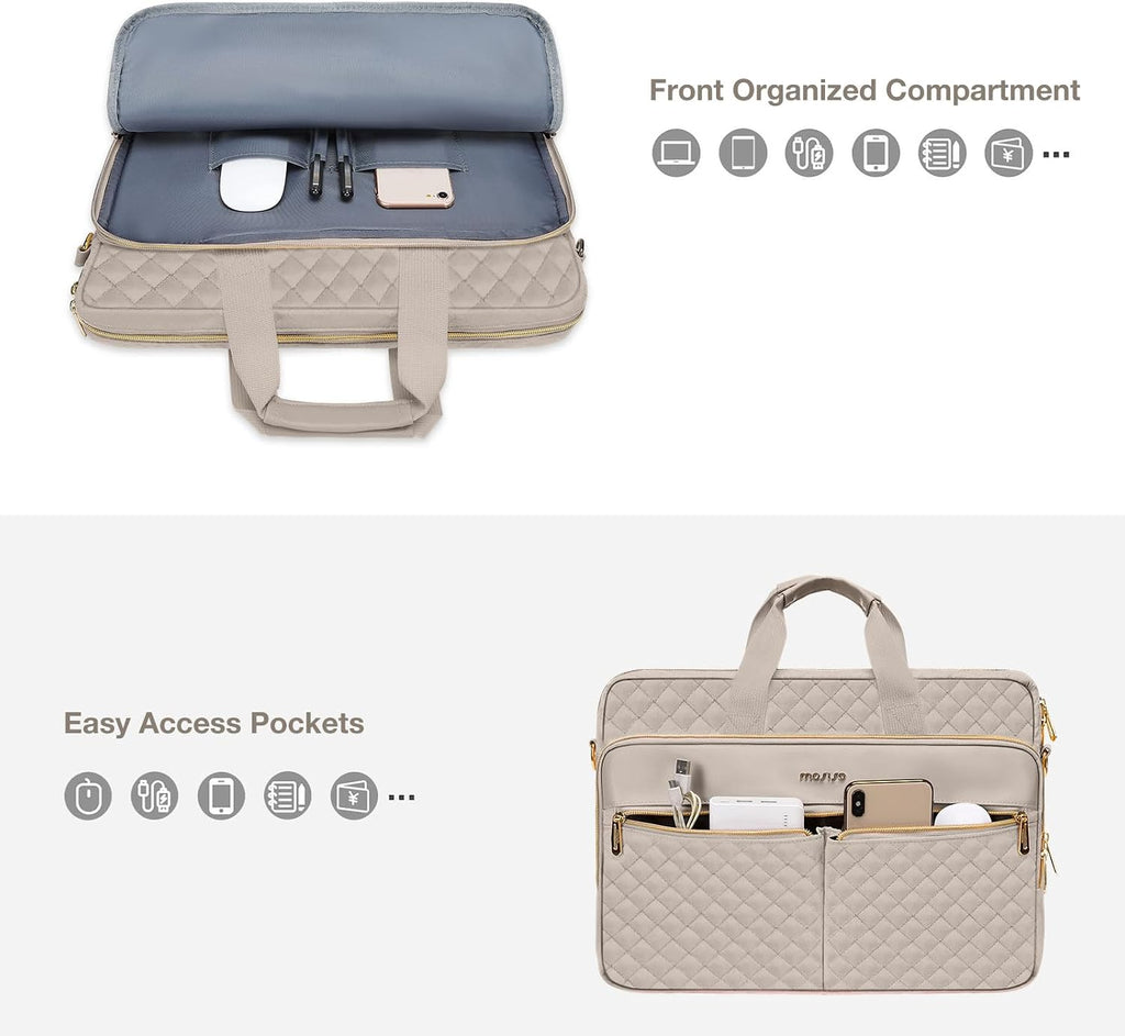 MOSISO Laptopväska, laptopväska, axelväska, dam, portfölj, handväska, kvadratisk quiltad laptopväska, axelväska, kontor, resor, affärer med 3 fickor och remmar